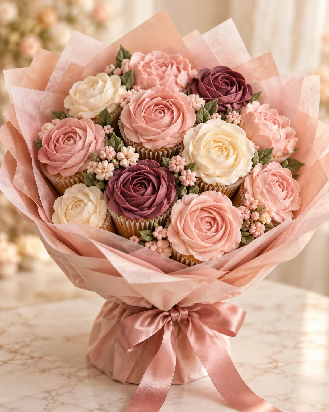 Cupcake bouquet inspiration with intricate blush pink and ivory buttercream roses, wrapped in pink paper