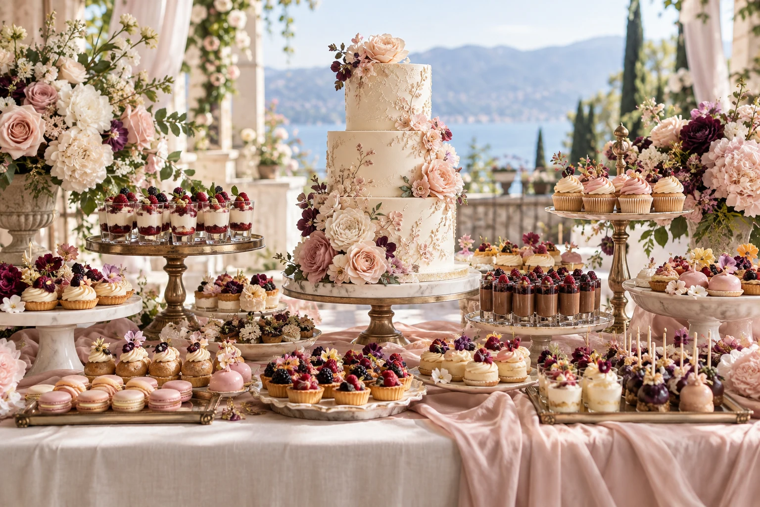 Sweet catering inspiration: an elegant celebration table with a floral cake, cupcakes, mini pastries and individual dessert cups